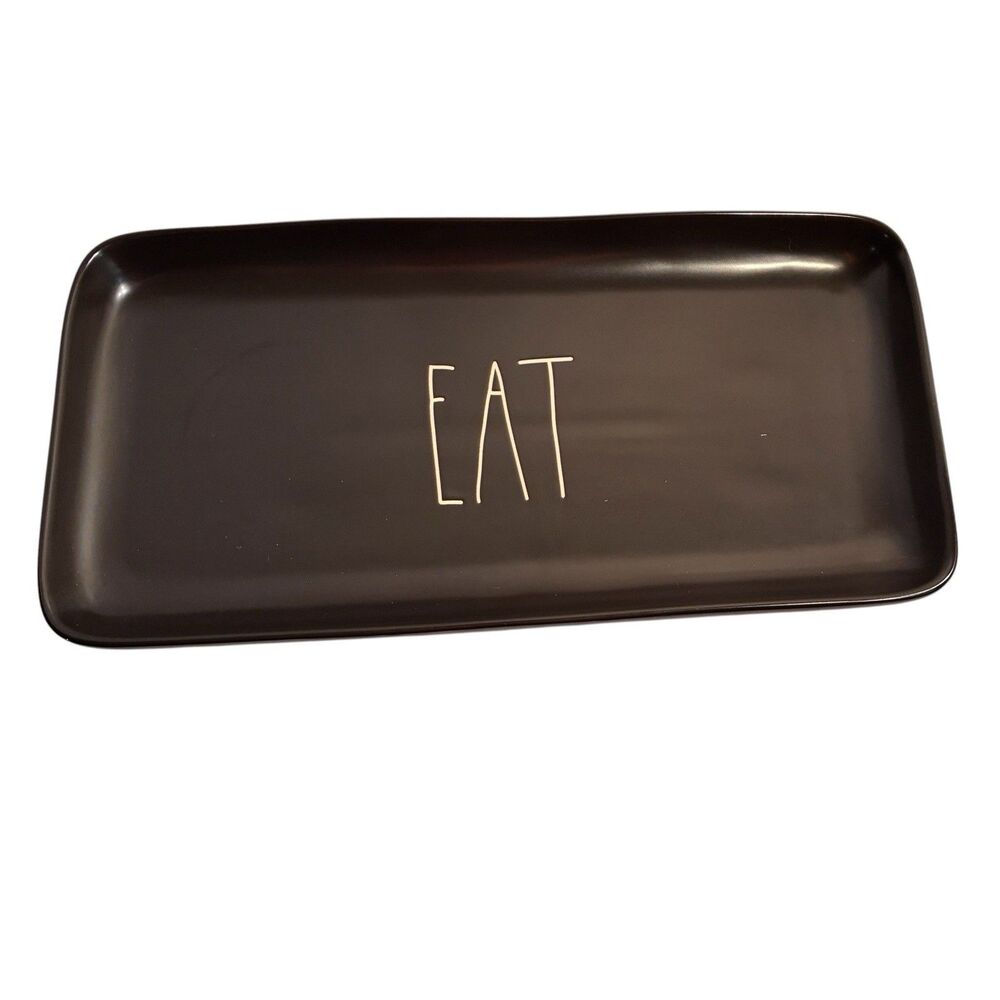 Rae Dunn Artisan Collection Magenta Black Serving Tray With EAT in Center.